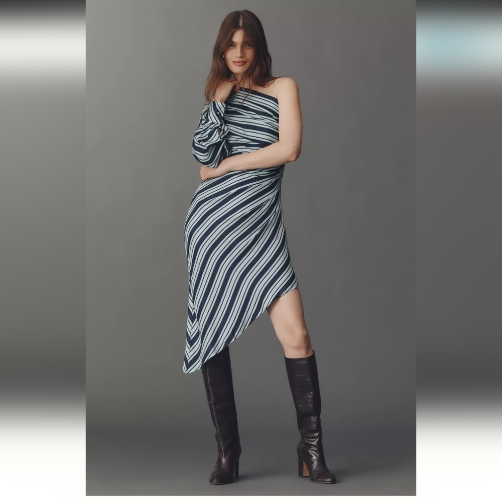 NWT Anthropologie Maeve Asymmetrical Blue Striped One-Shoulder Dress Size 10